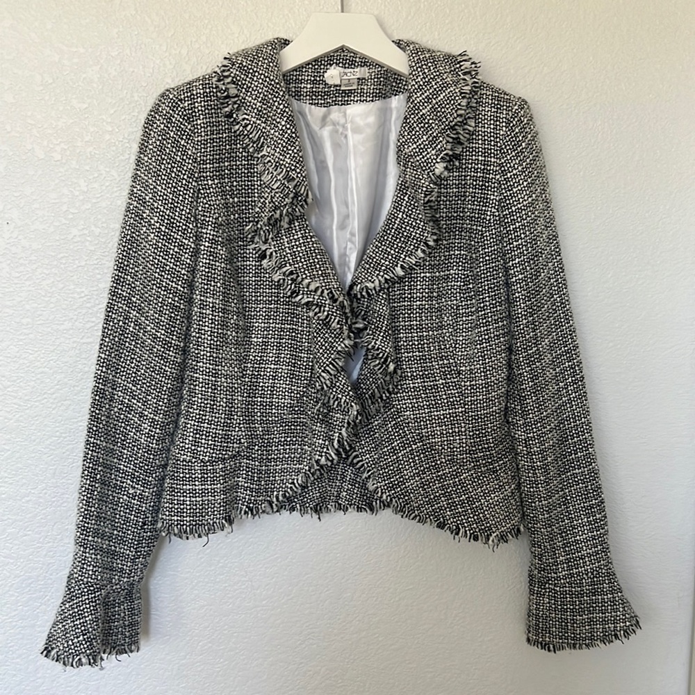 Cache Boucle Tweed Peplum Raw Fringe Trim Blazer … - image 1